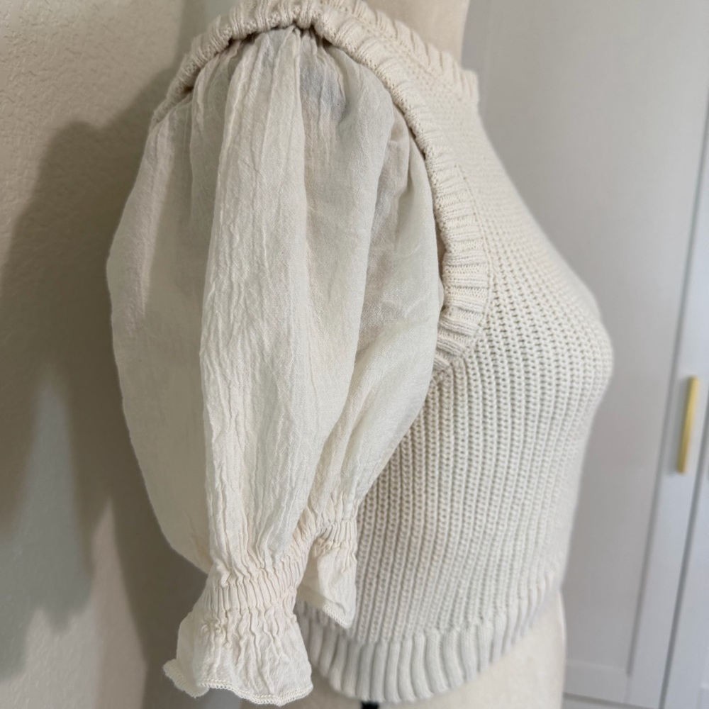 Zara Cream Knit Puff-Sleeve Cropped Sweater Top, Size M - Picture 4 of 9